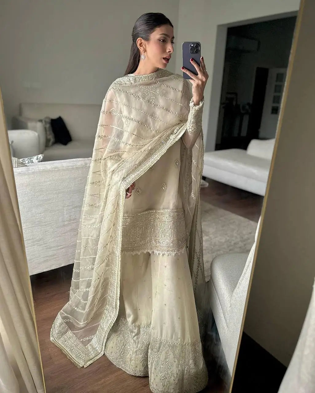 Embroidered Organza Sharara Suit with Dupatta