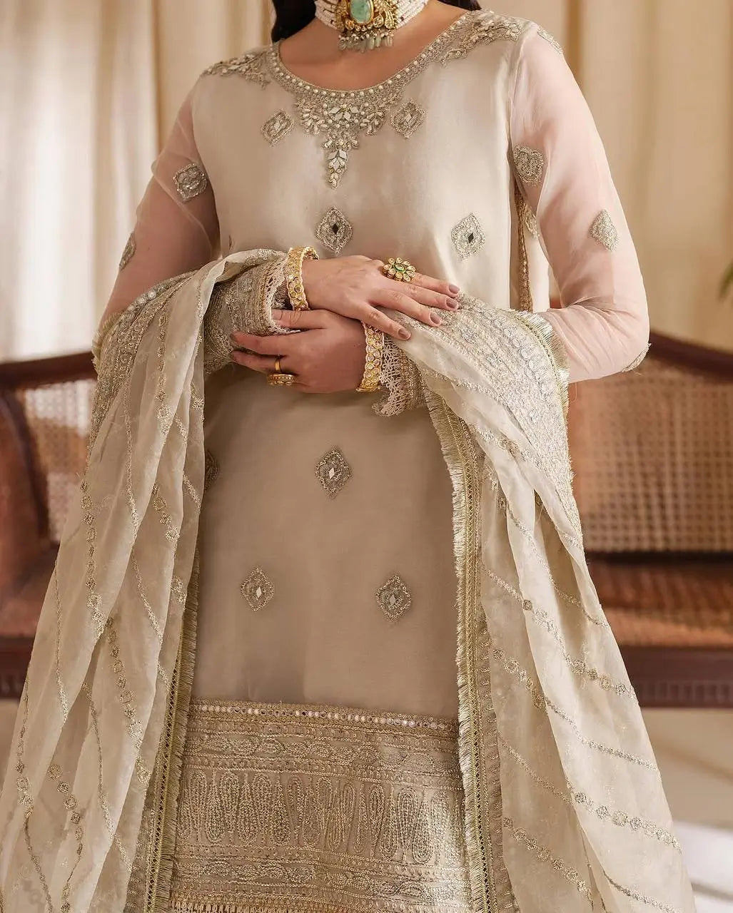 Embroidered Organza Sharara Suit with Dupatta