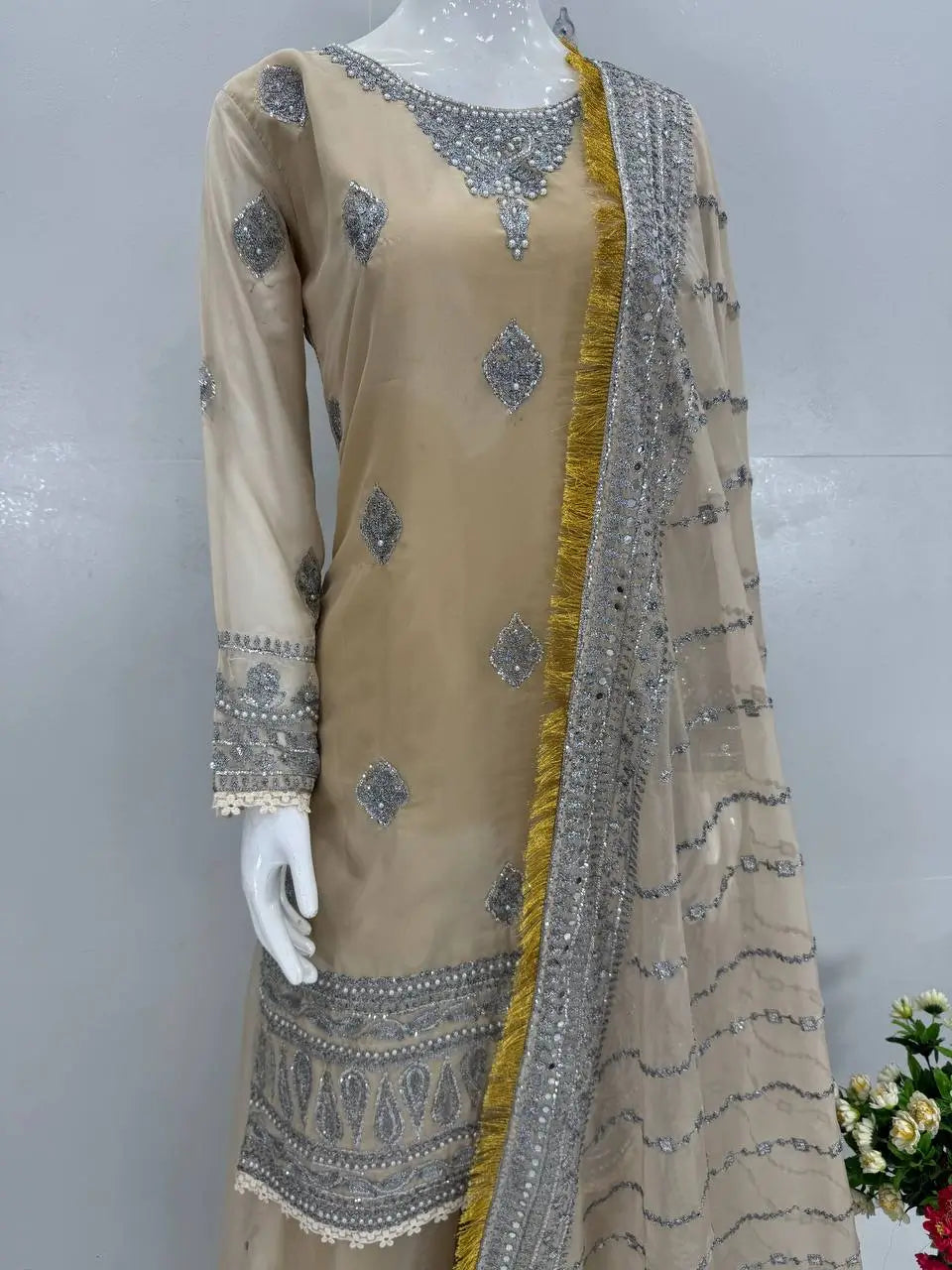 Embroidered Organza Sharara Suit with Dupatta