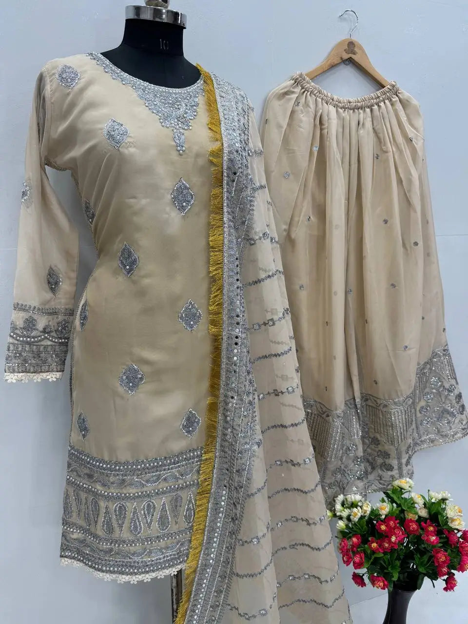 Embroidered Organza Sharara Suit with Dupatta