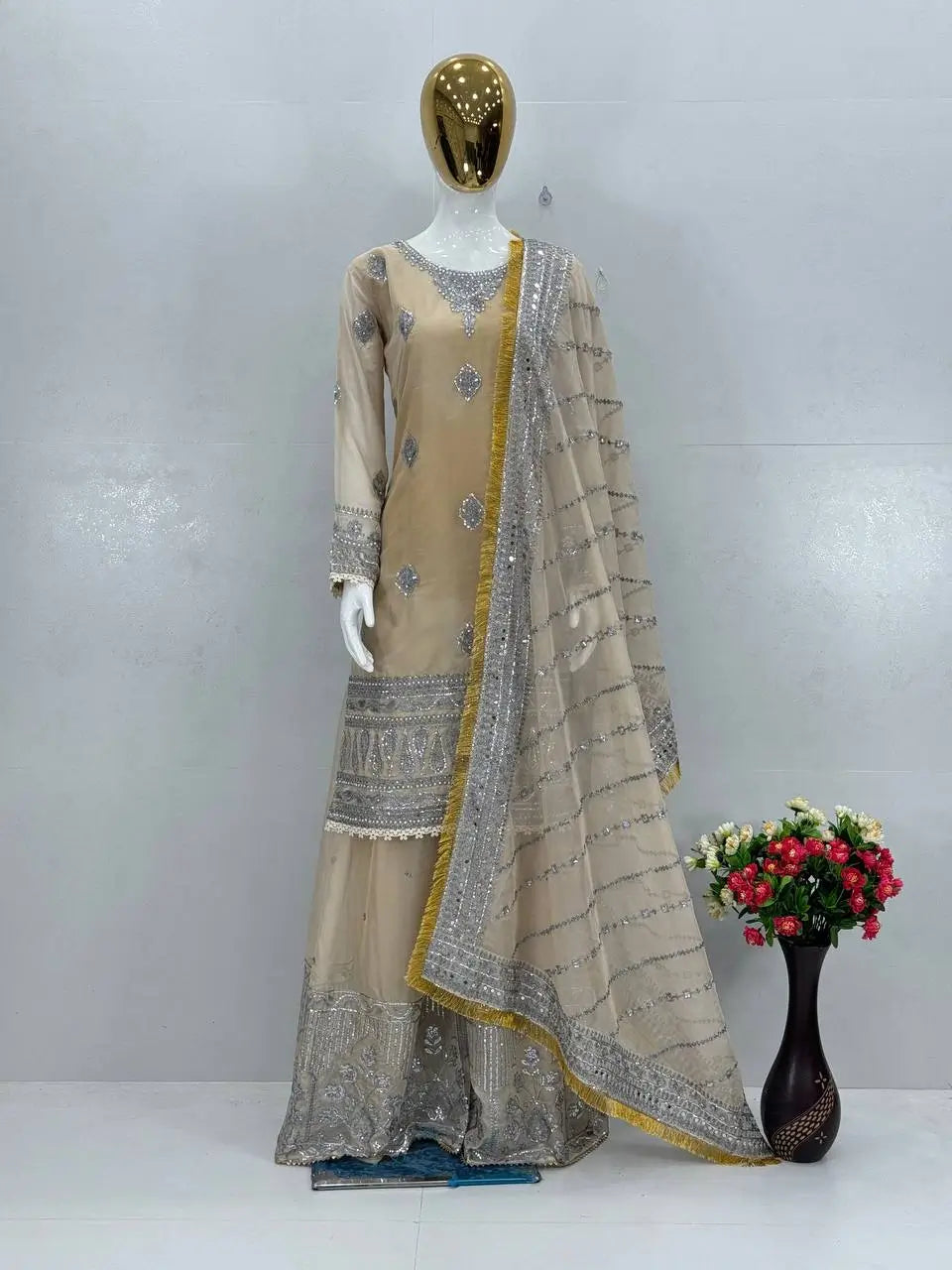 Embroidered Organza Sharara Suit with Dupatta