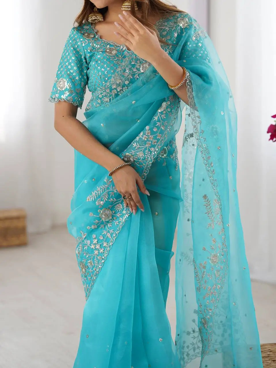 Embroidered Organza Silk Designer Saree with Blouse