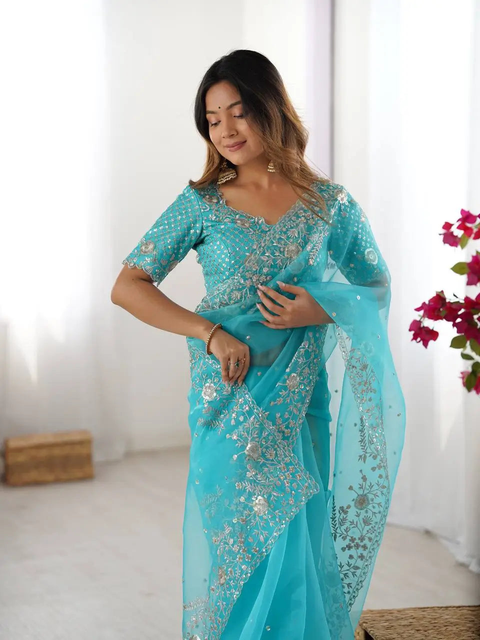 Embroidered Organza Silk Designer Saree with Blouse