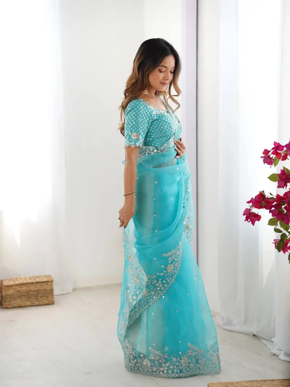 Embroidered Organza Silk Designer Saree with Blouse