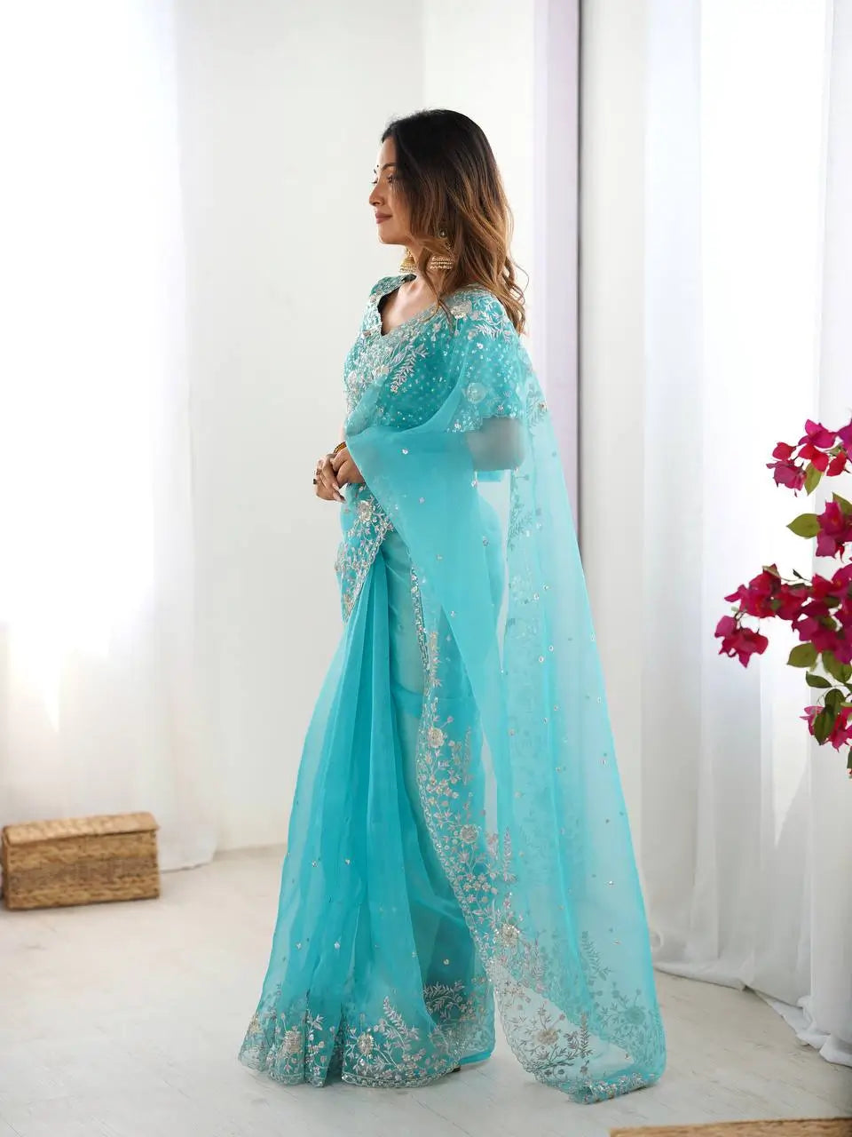 Embroidered Organza Silk Designer Saree with Blouse