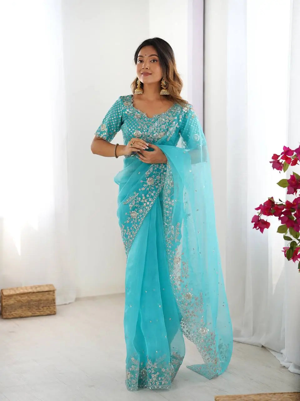 Embroidered Organza Silk Designer Saree with Blouse