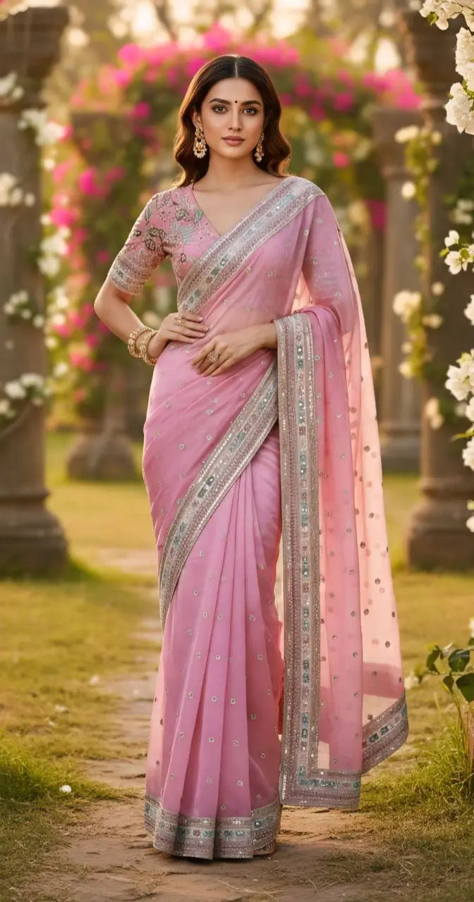 Embroidered Organza Silk Designer Saree with Blouse
