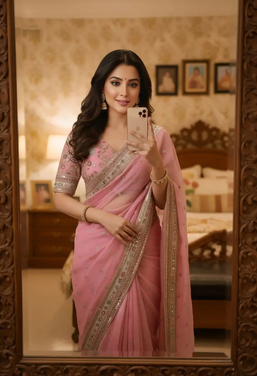 Embroidered Organza Silk Designer Saree with Blouse
