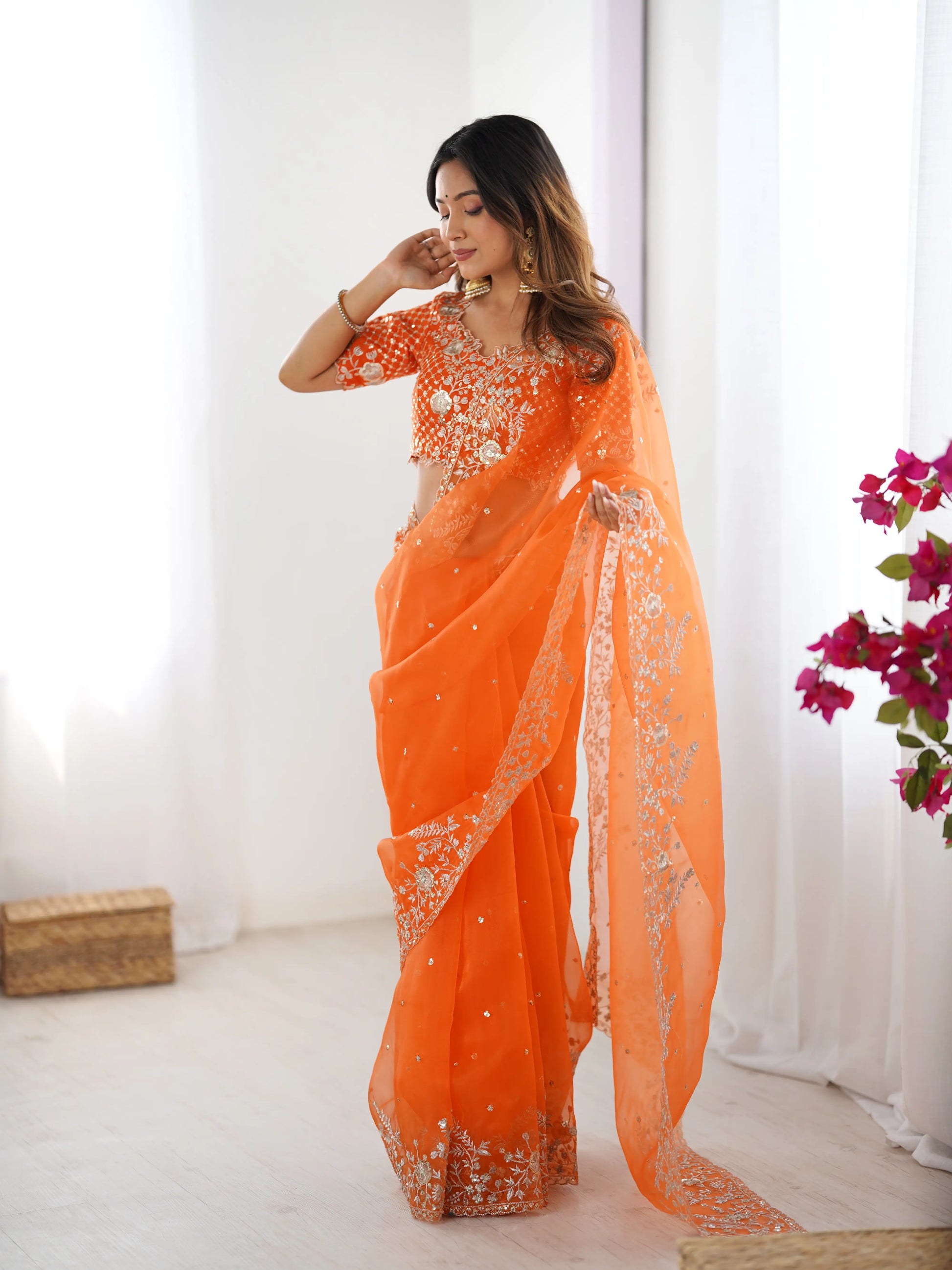Embroidered Organza Silk Designer Saree with Blouse