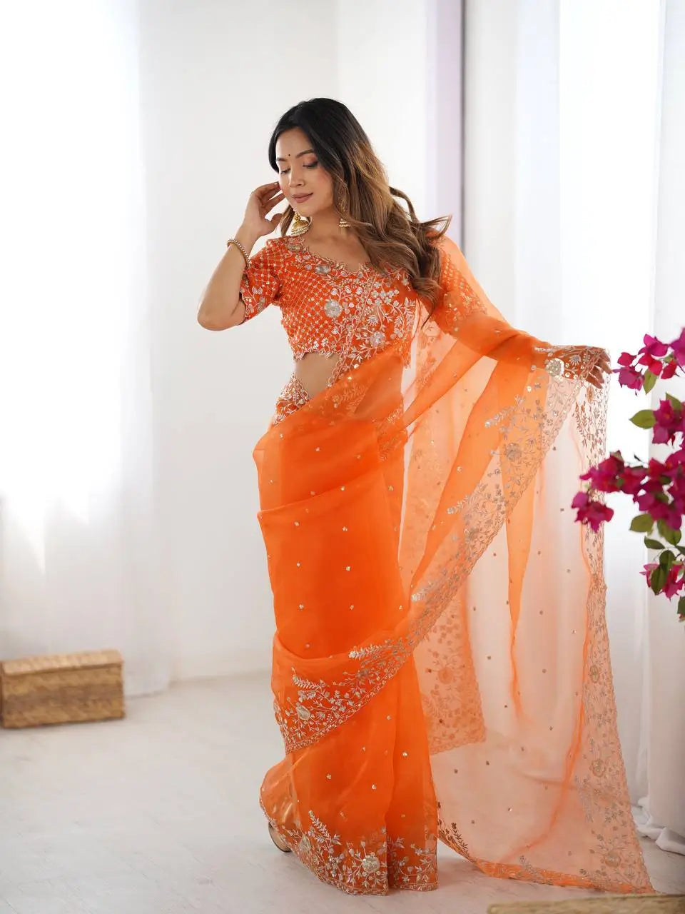 Embroidered Organza Silk Designer Saree with Blouse
