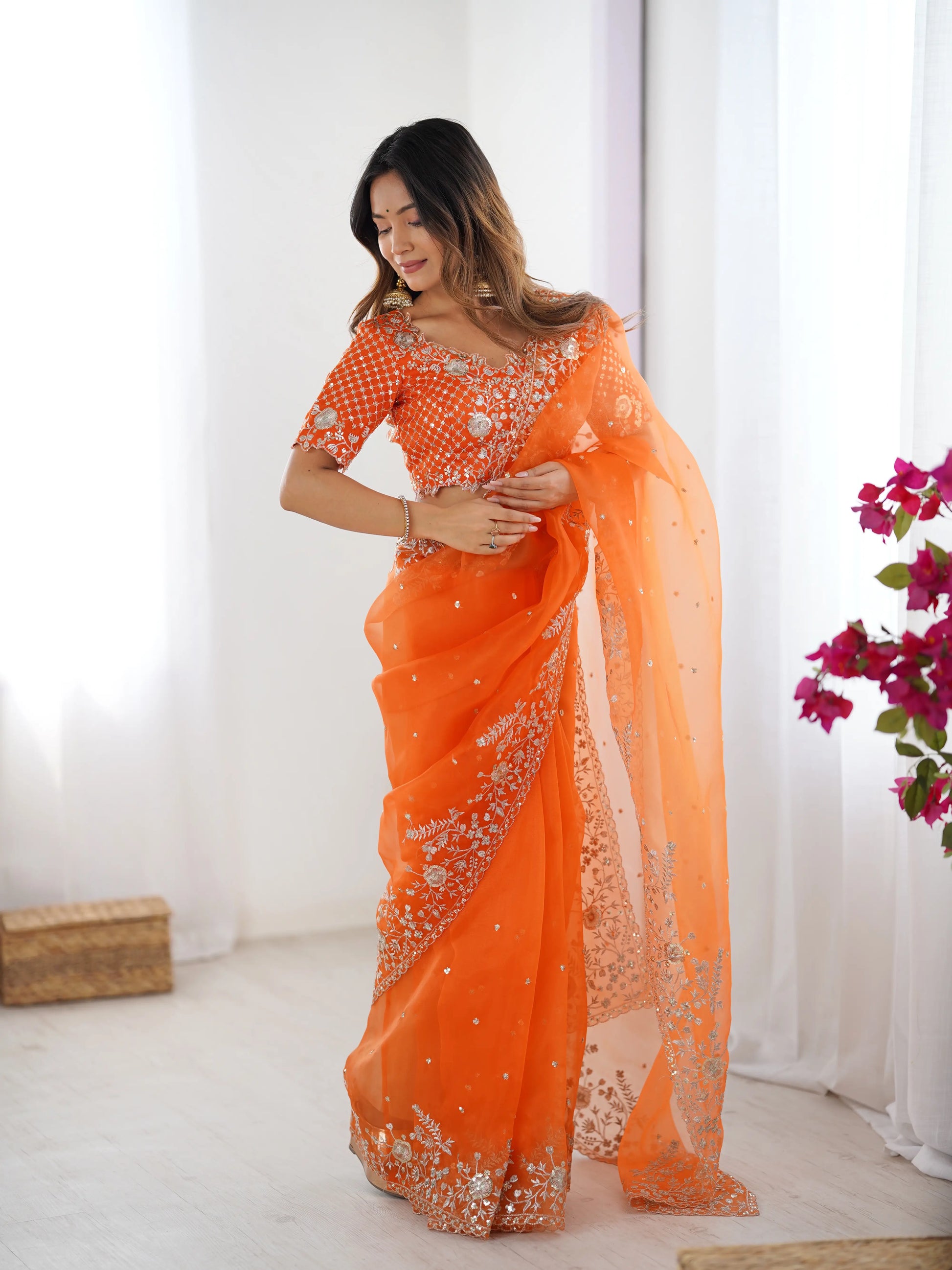 Embroidered Organza Silk Designer Saree with Blouse