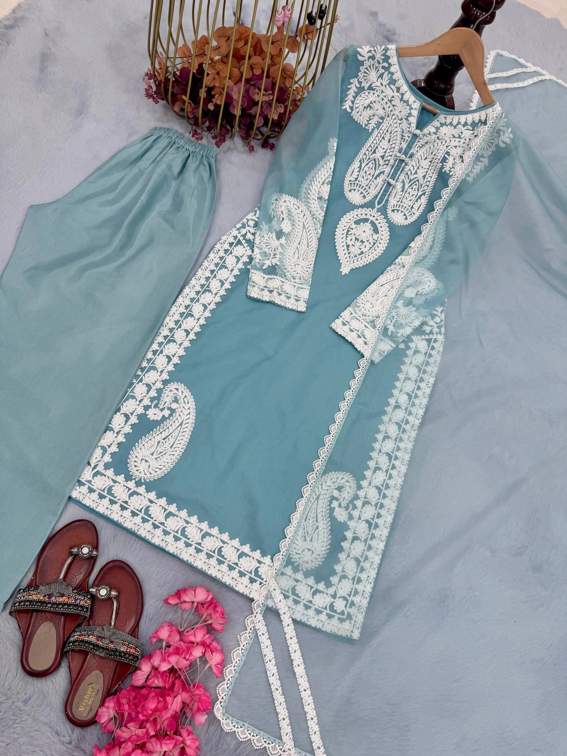 Embroidered Organza Silk Kurta Plazzo Set
