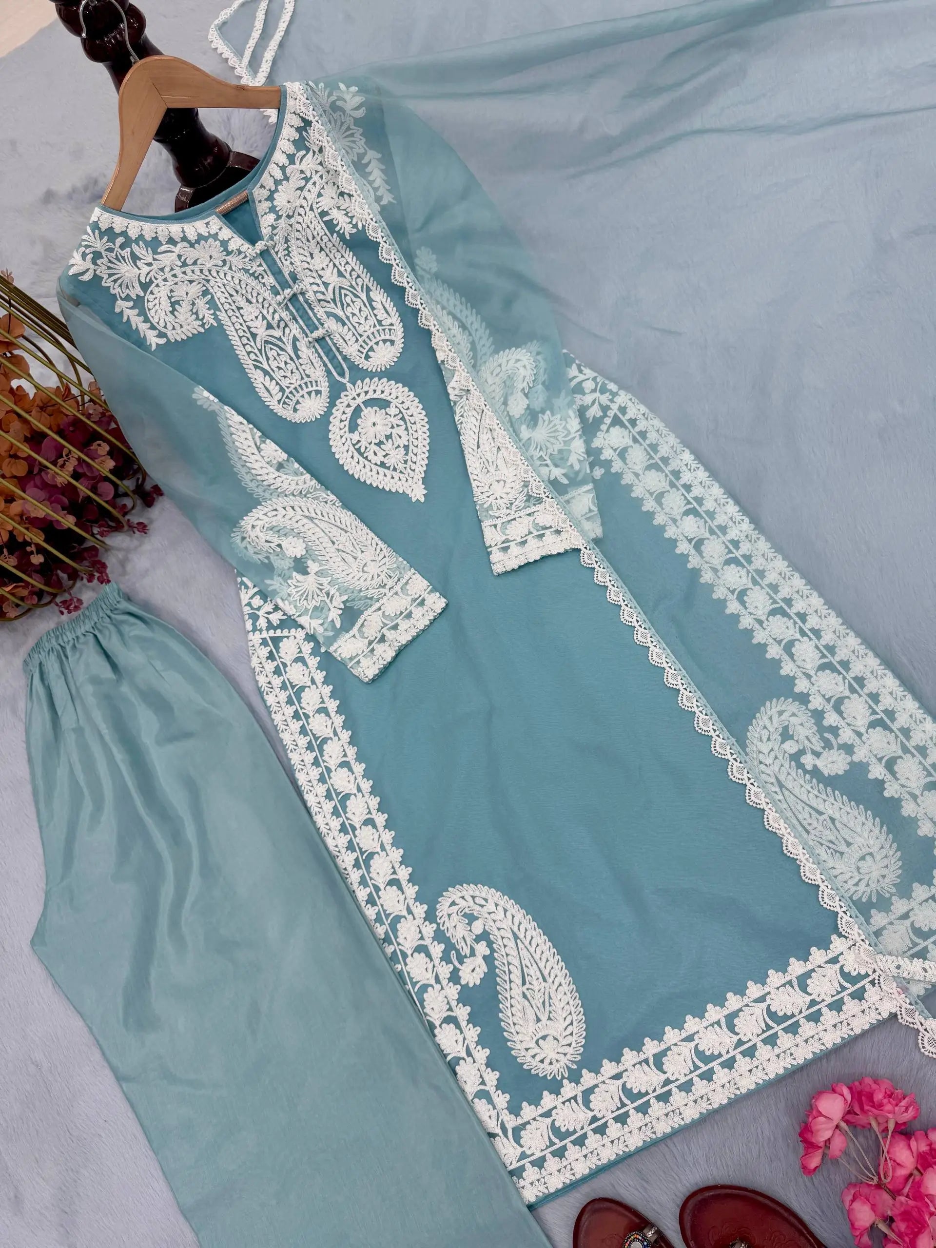 Embroidered Organza Silk Kurta Plazzo Set