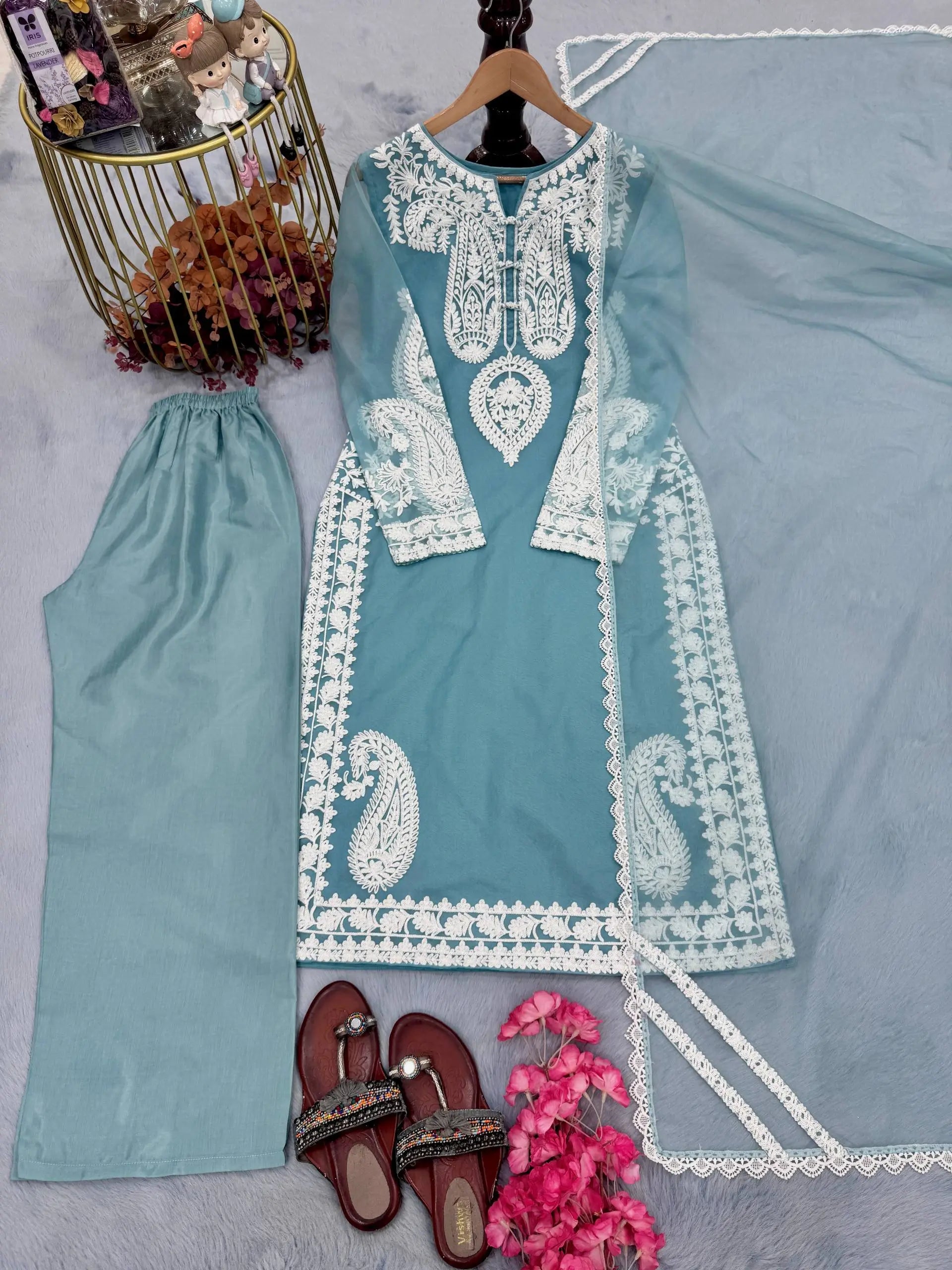 Embroidered Organza Silk Kurta Plazzo Set