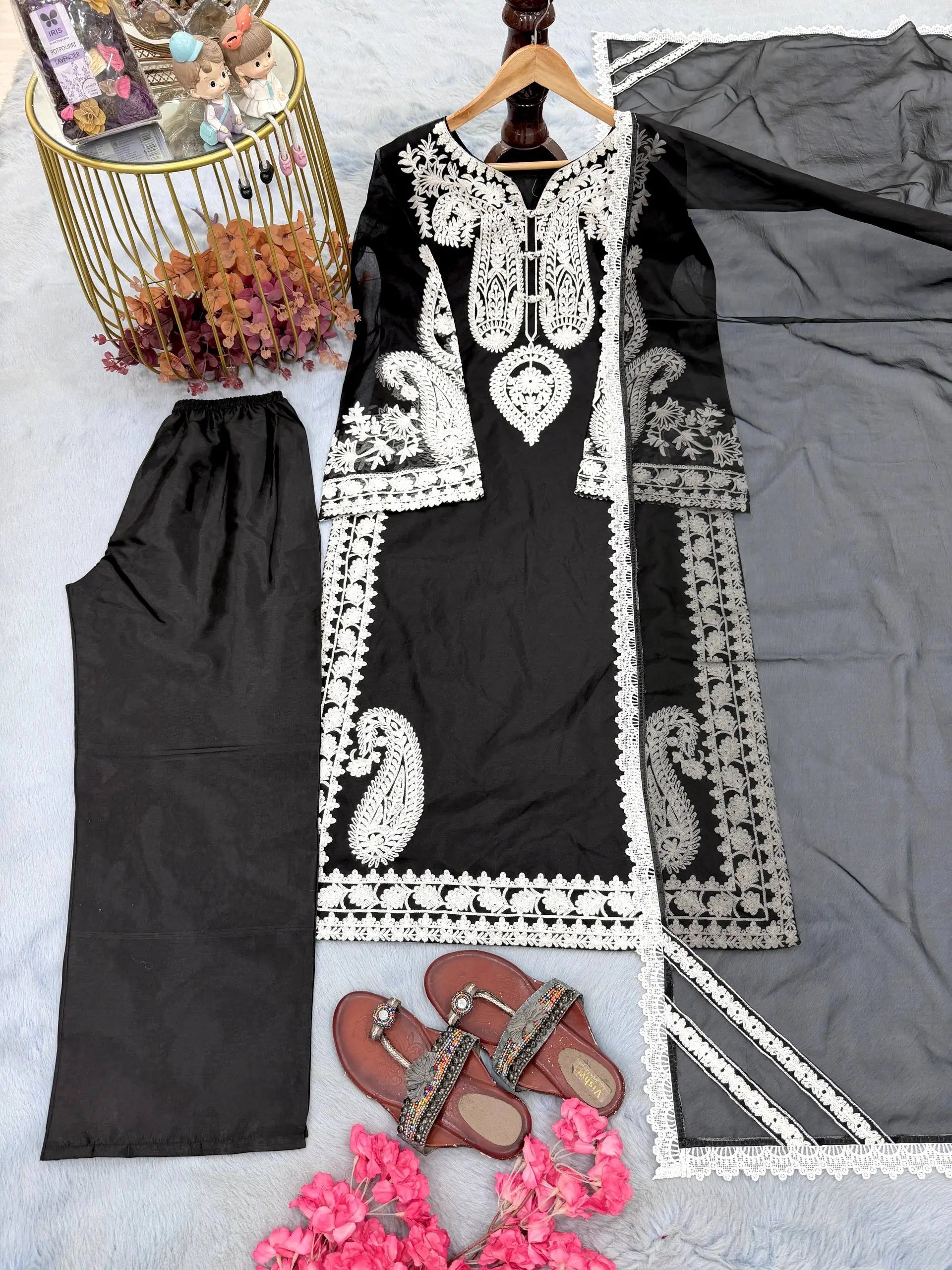 Embroidered Organza Silk Kurta Plazzo Set