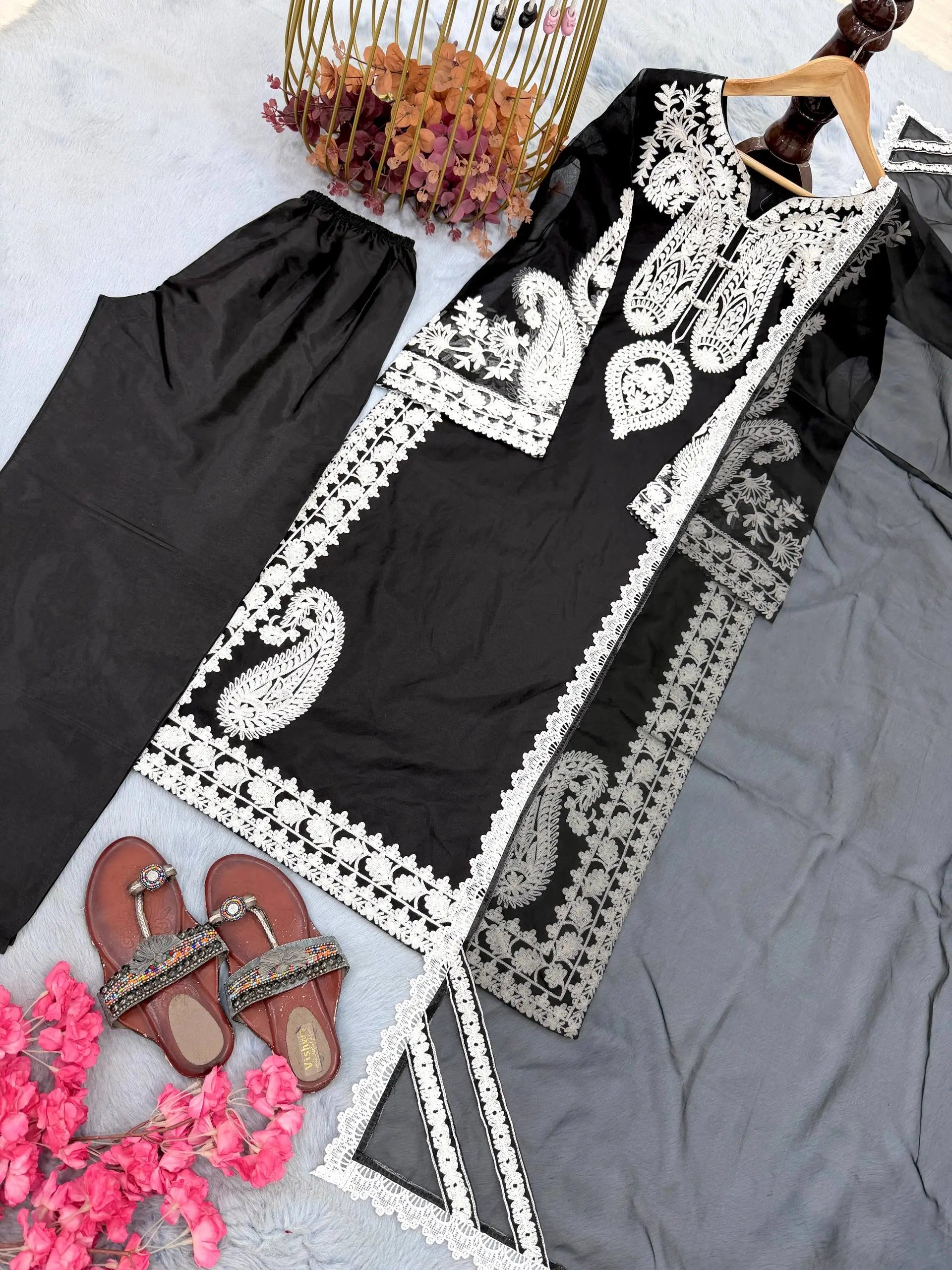 Embroidered Organza Silk Kurta Plazzo Set