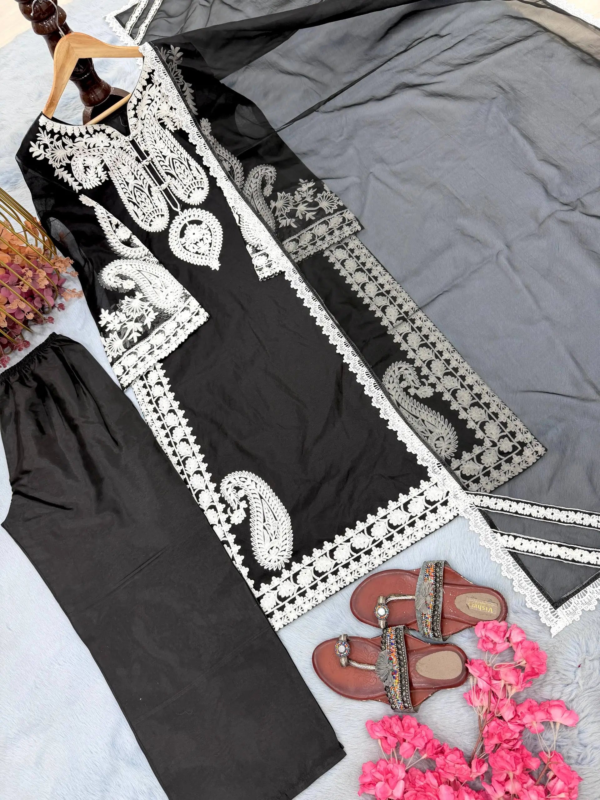Embroidered Organza Silk Kurta Plazzo Set