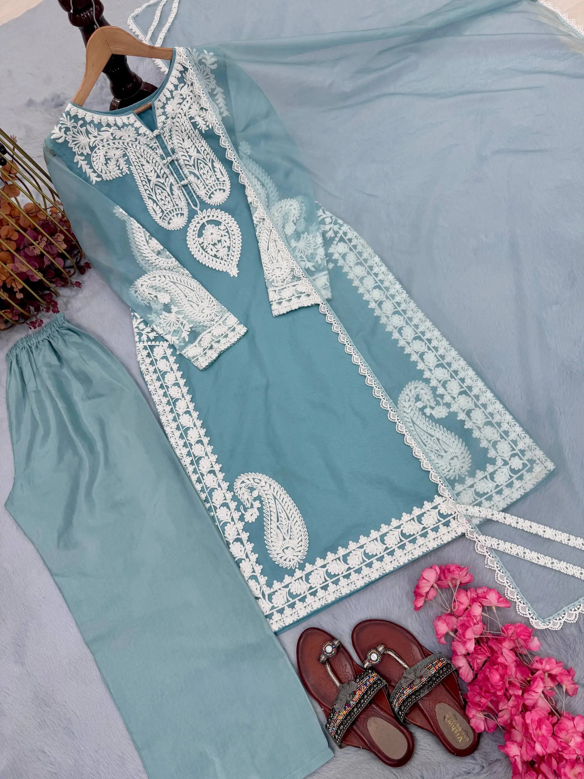 Embroidered Organza Silk Kurta Plazzo Set