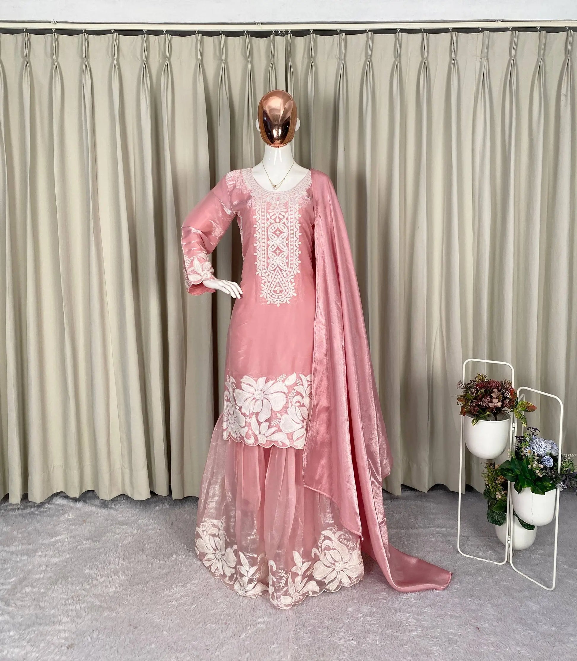 Embroidered Organza Silk Kurti Sharara Set