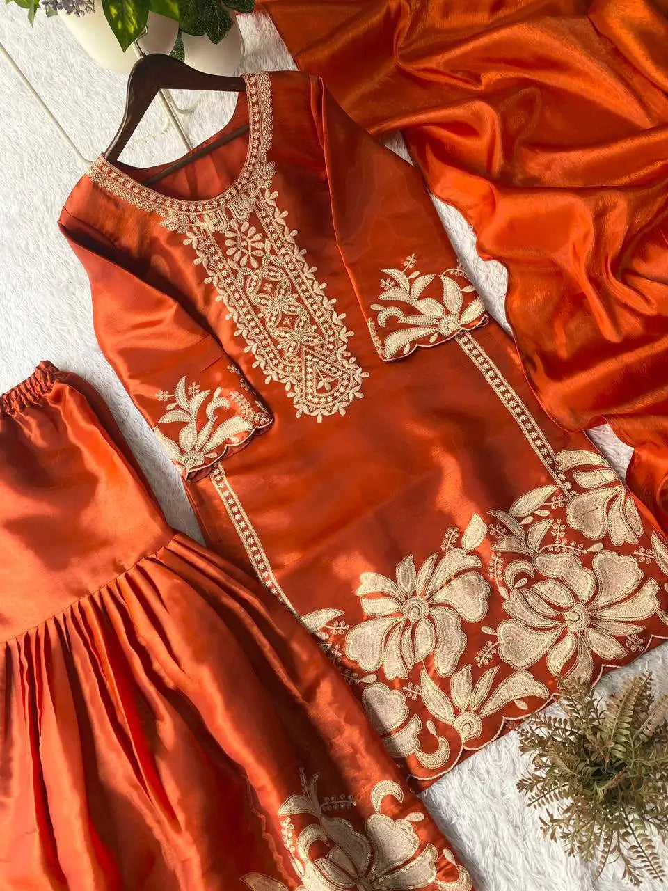 Embroidered Organza Silk Kurti Sharara Set