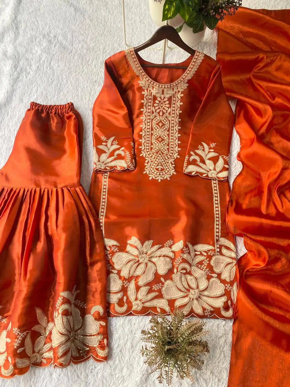 Embroidered Organza Silk Kurti Sharara Set