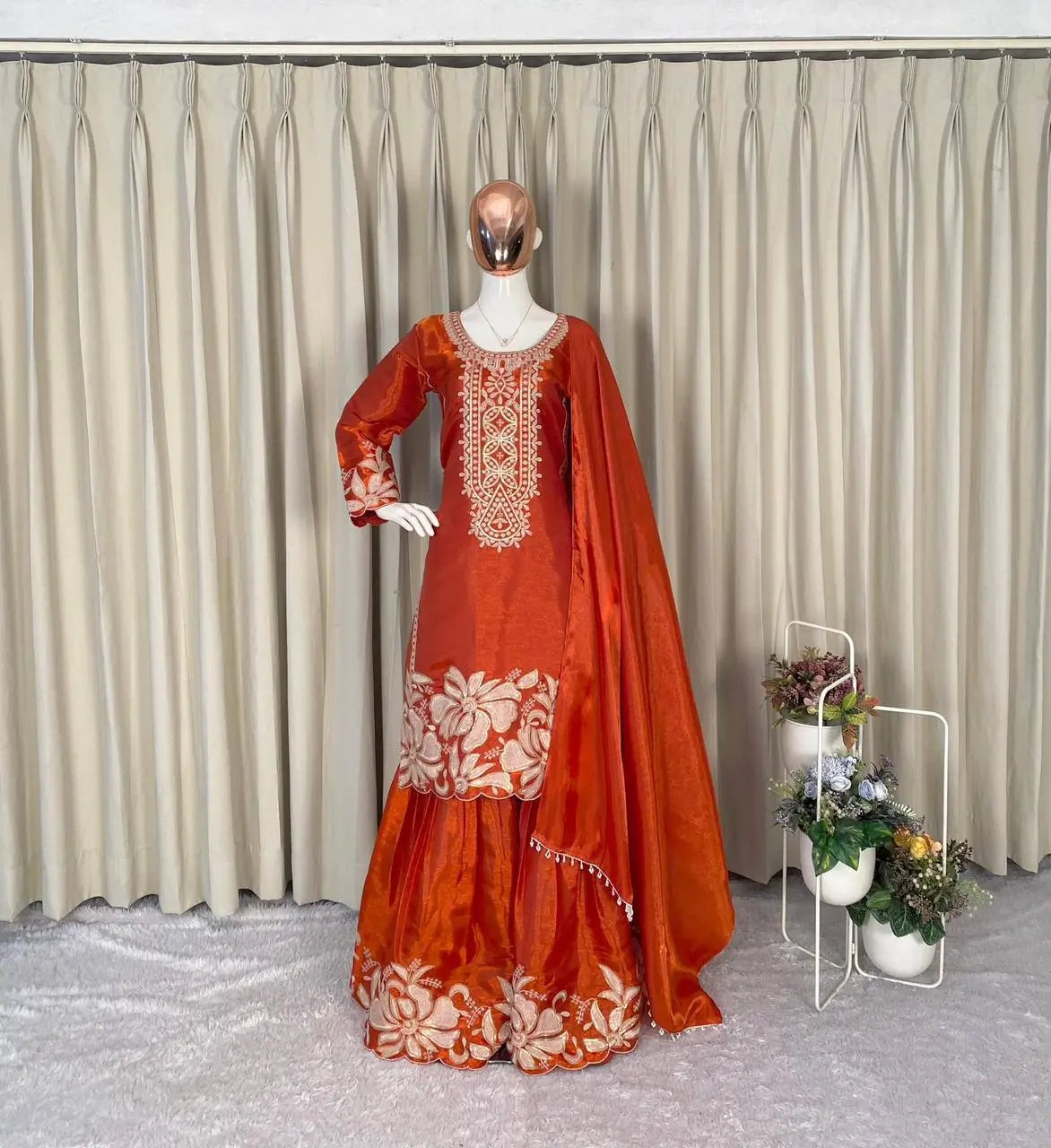 Embroidered Organza Silk Kurti Sharara Set