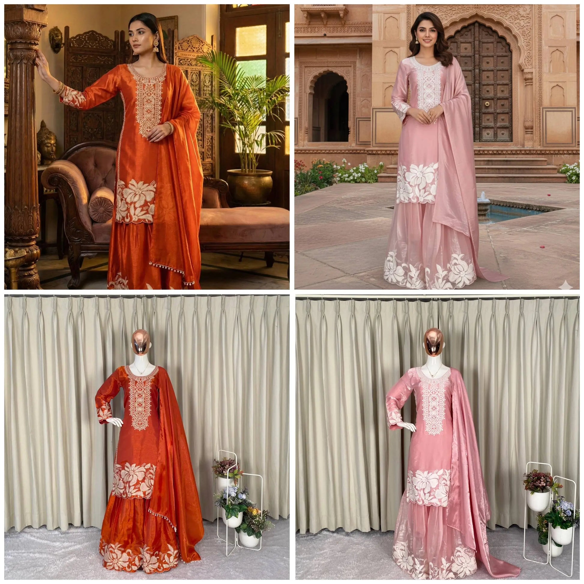 Embroidered Organza Silk Kurti Sharara Set