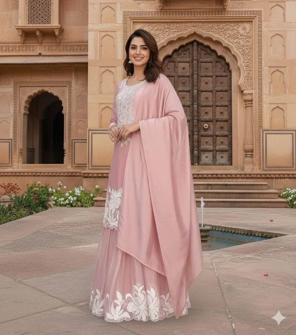 Embroidered Organza Silk Kurti Sharara Set