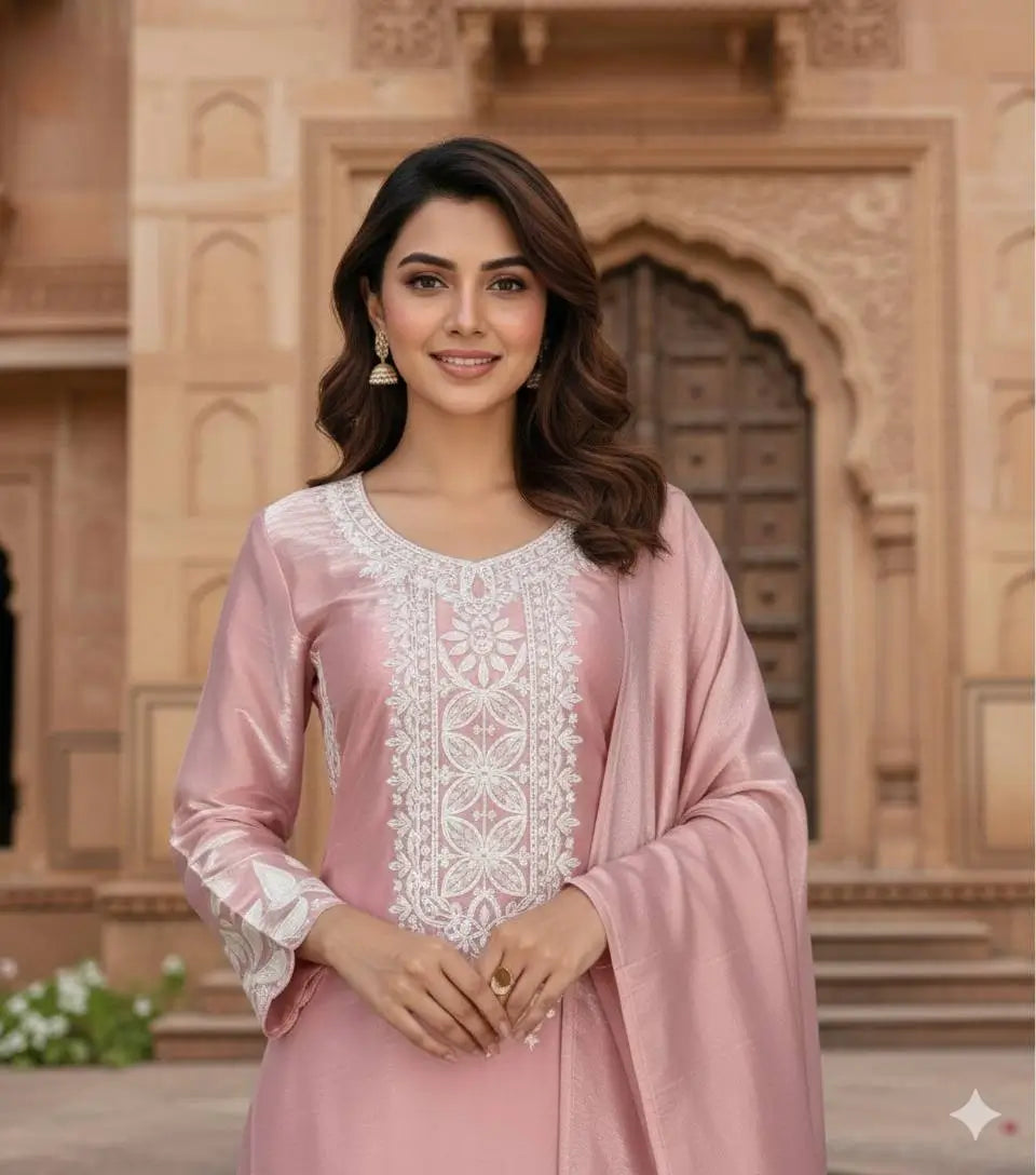 Embroidered Organza Silk Kurti Sharara Set