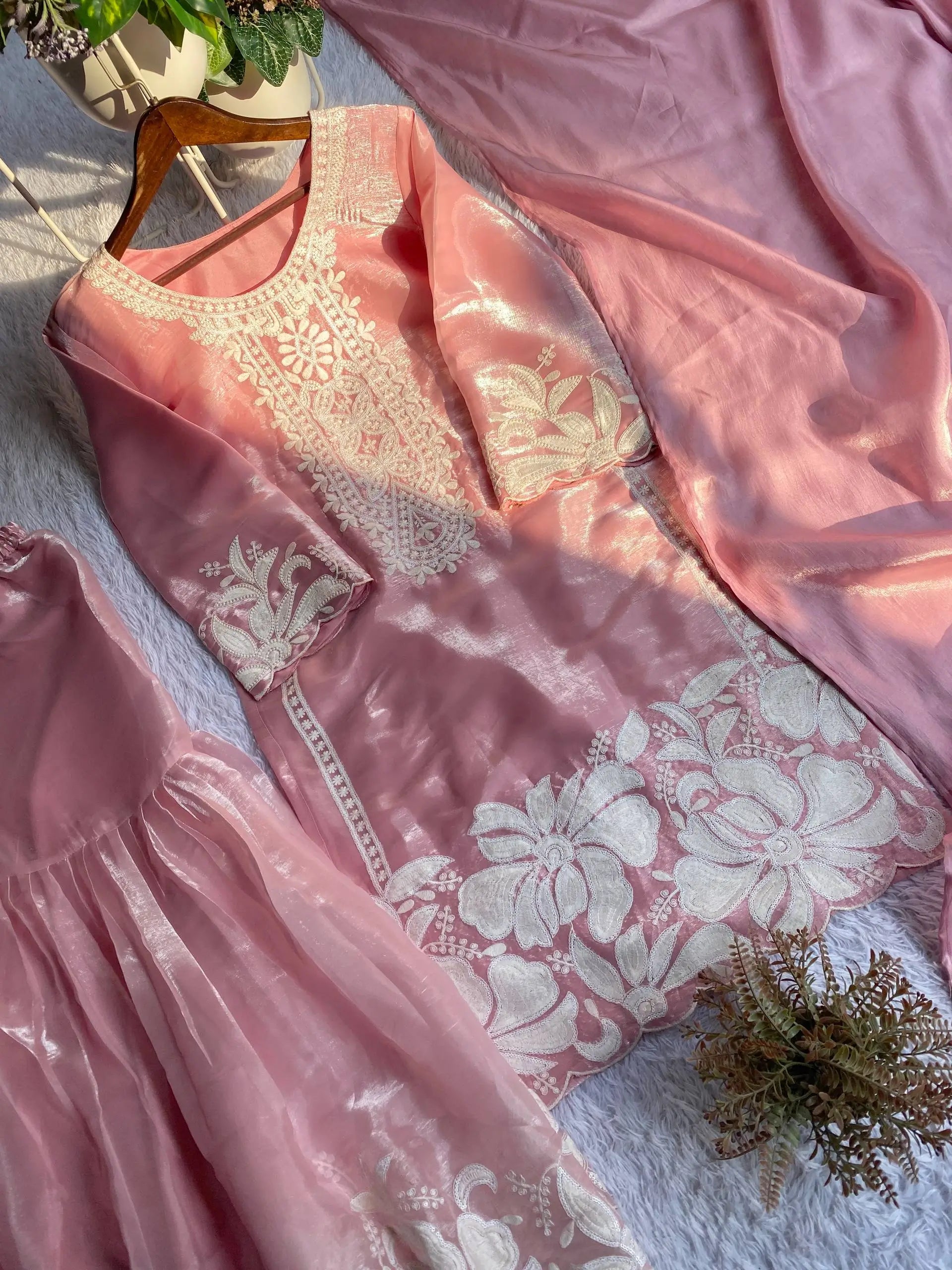 Embroidered Organza Silk Kurti Sharara Set