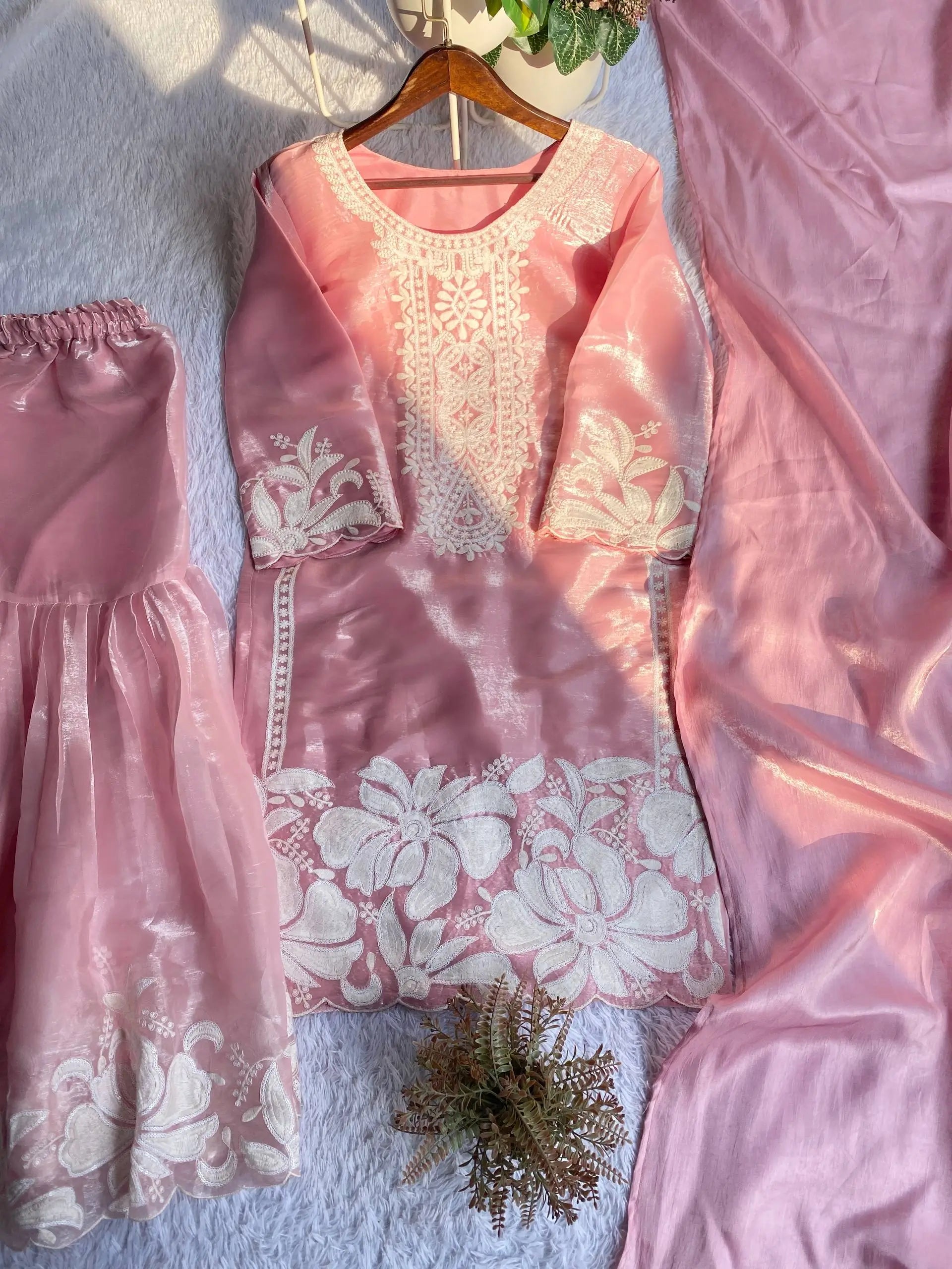 Embroidered Organza Silk Kurti Sharara Set