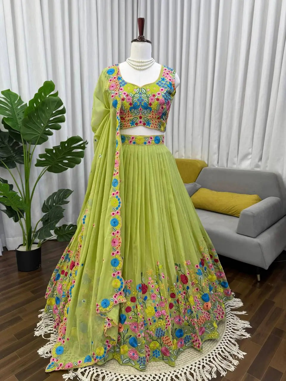 Embroidered Organza Silk Lehenga Choli Set with Dupatta
