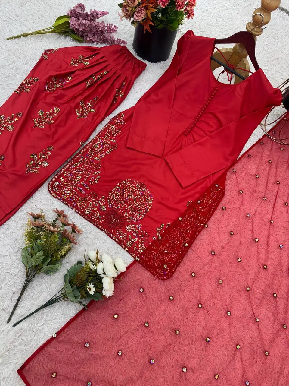 Embroidered Pure Crepe Silk Farshi Suit Set with Dupatta