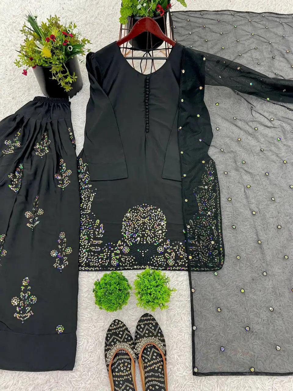 Embroidered Pure Crepe Silk Farshi Suit Set with Dupatta