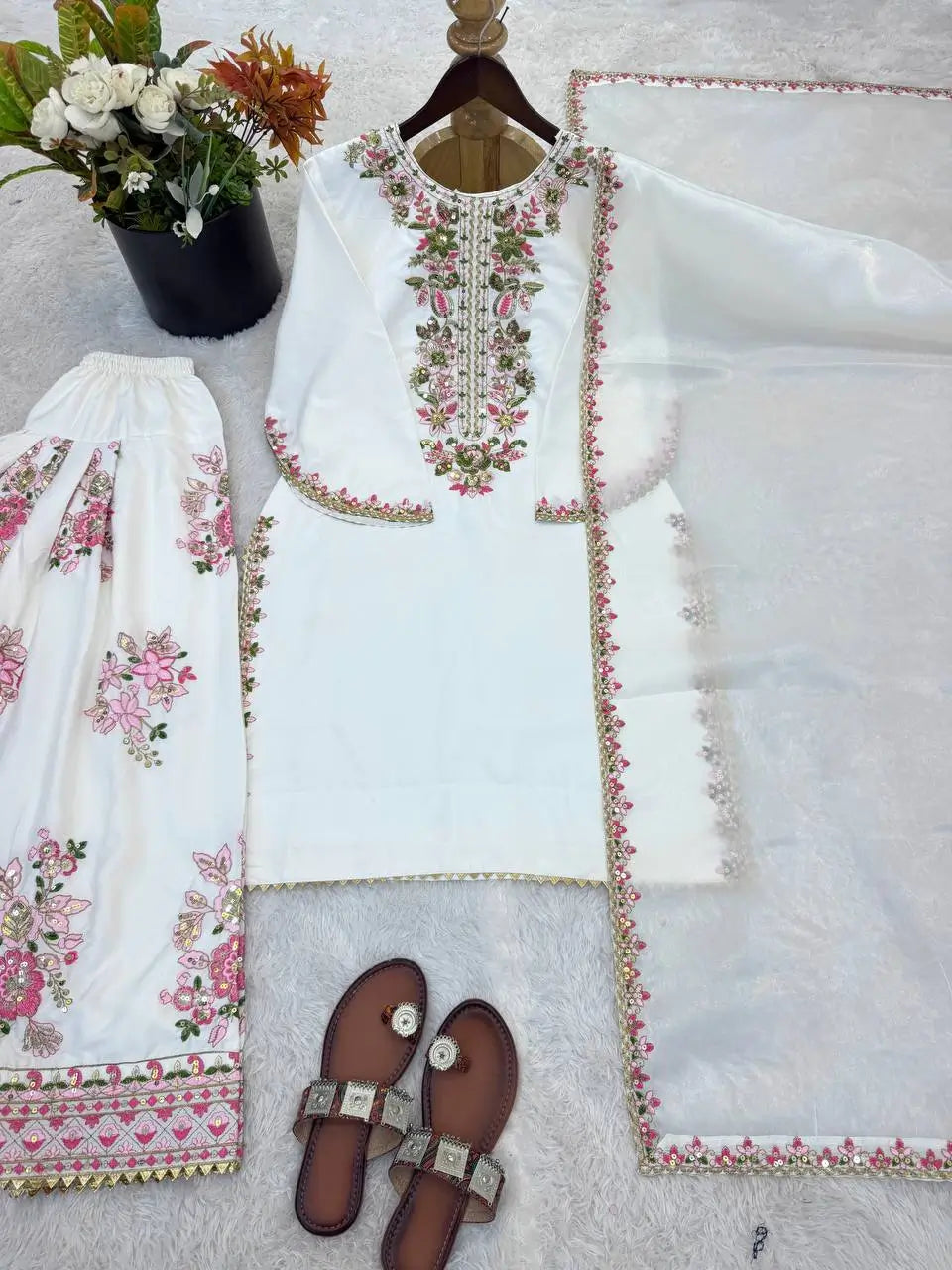 Embroidered Pure Crepe Silk Farshi Suit Set with Dupatta