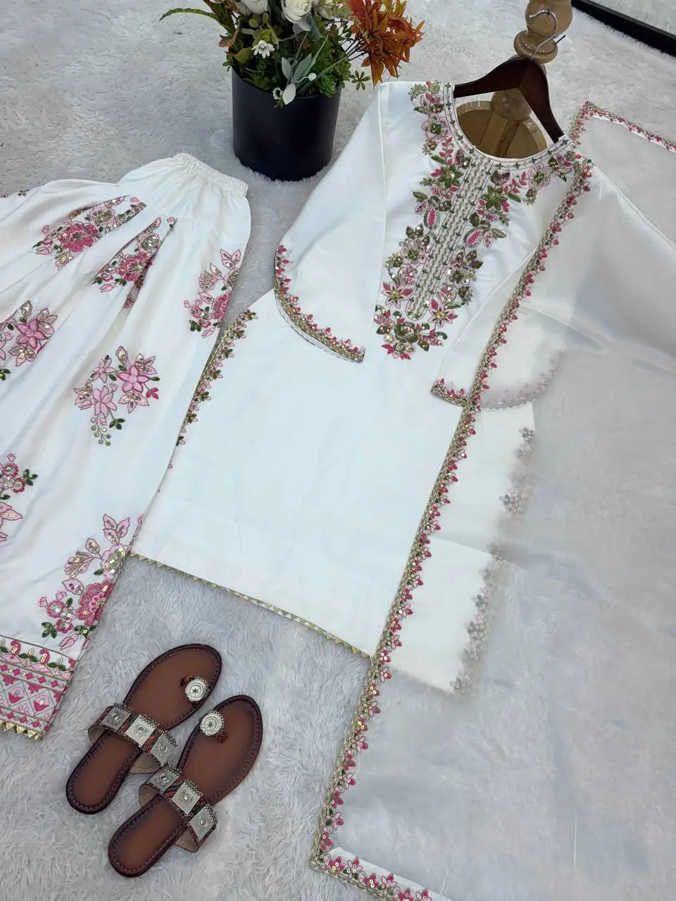 Embroidered Pure Crepe Silk Farshi Suit Set with Dupatta