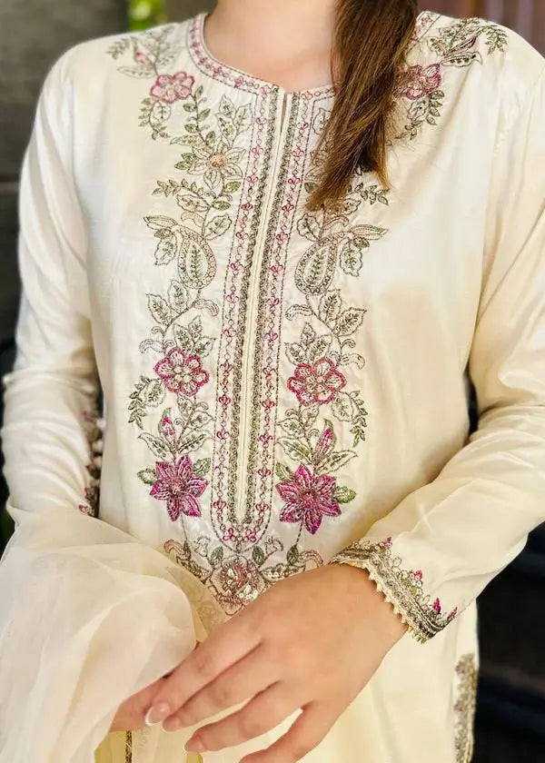 Embroidered Pure Crepe Silk Farshi Suit Set with Dupatta