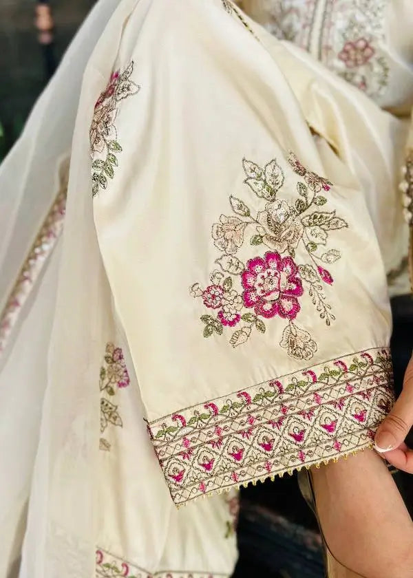 Embroidered Pure Crepe Silk Farshi Suit Set with Dupatta