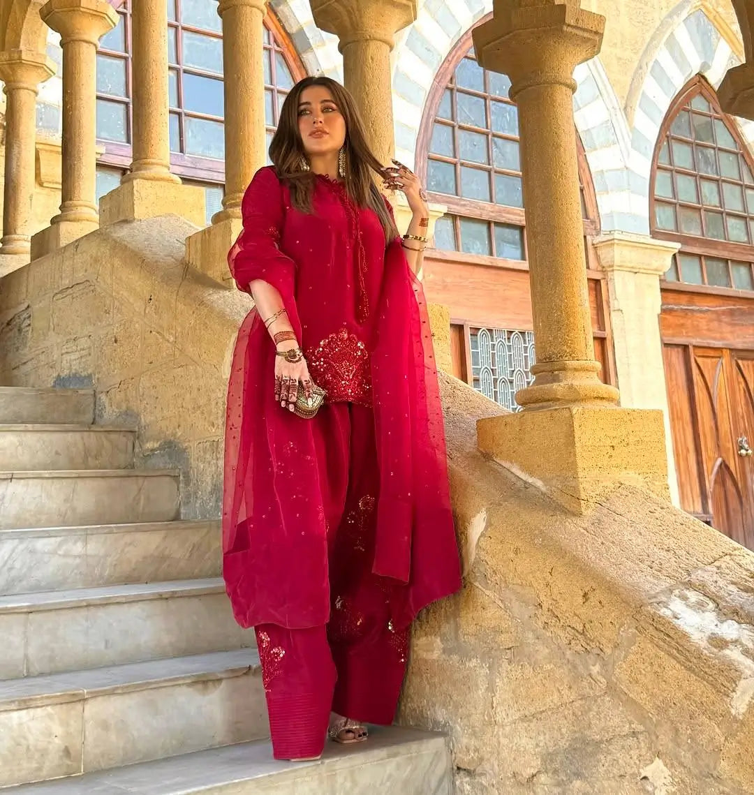 Embroidered Pure Crepe Silk Farshi Suit Set with Dupatta