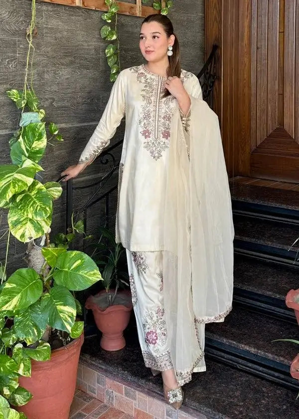 Embroidered Pure Crepe Silk Farshi Suit Set with Dupatta