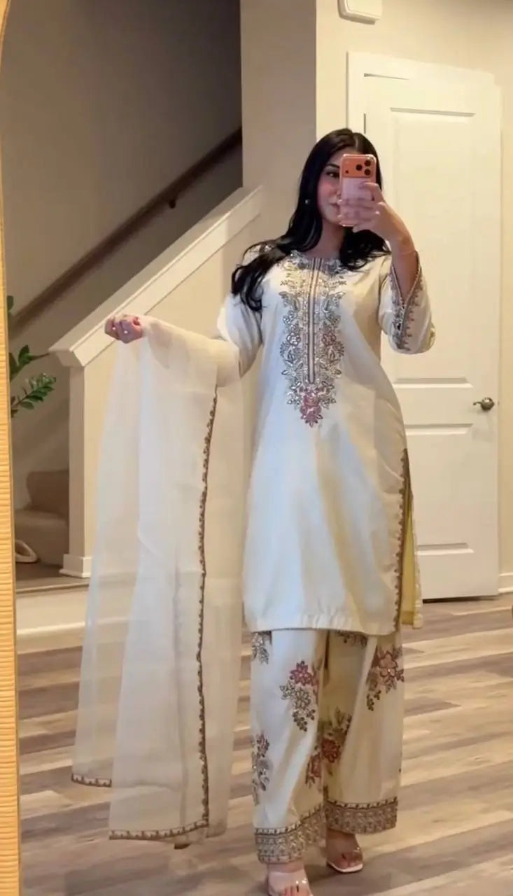 Embroidered Pure Crepe Silk Farshi Suit Set with Dupatta