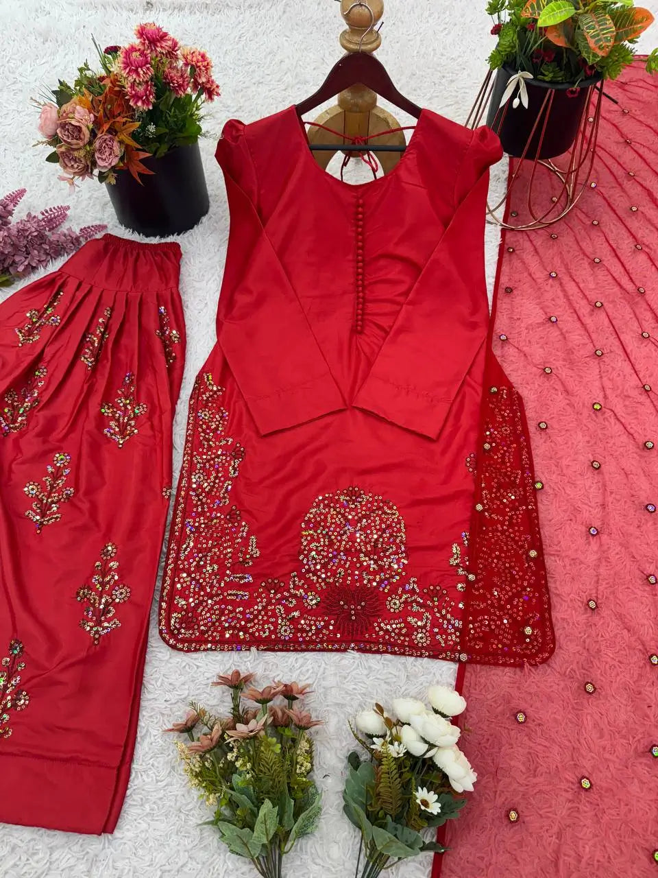 Embroidered Pure Crepe Silk Farshi Suit Set with Dupatta