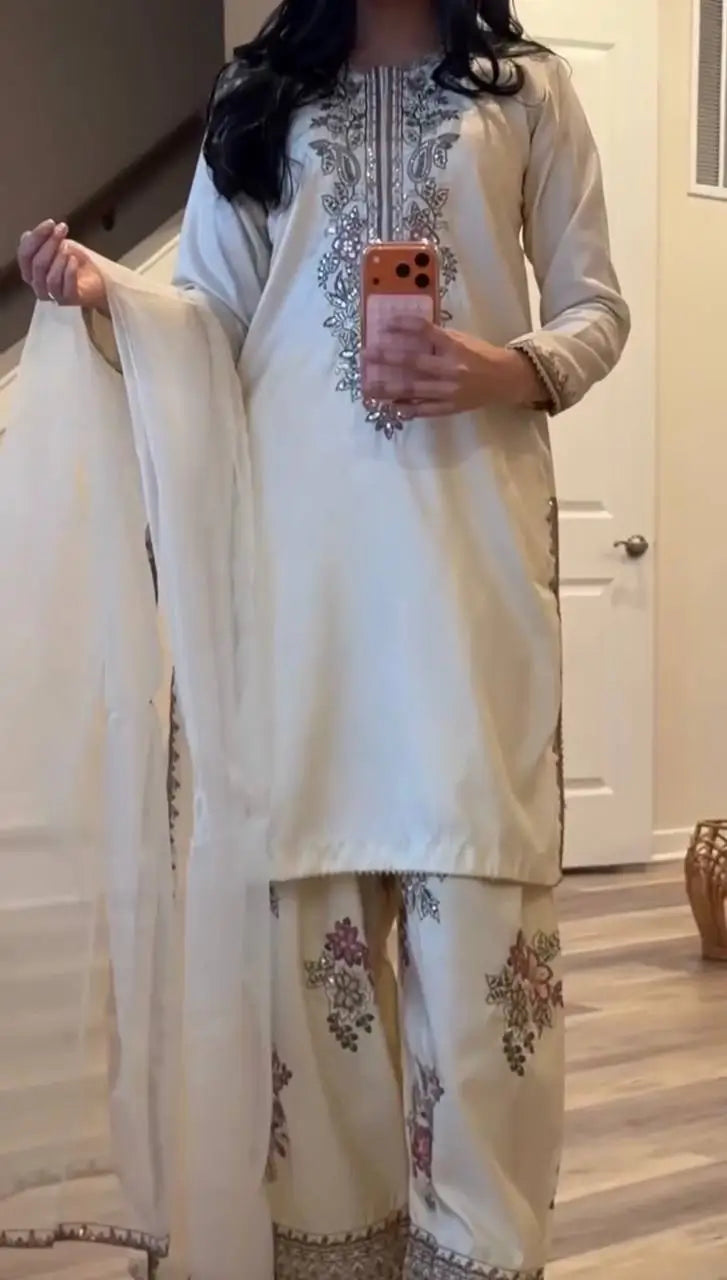 Embroidered Pure Crepe Silk Farshi Suit Set with Dupatta