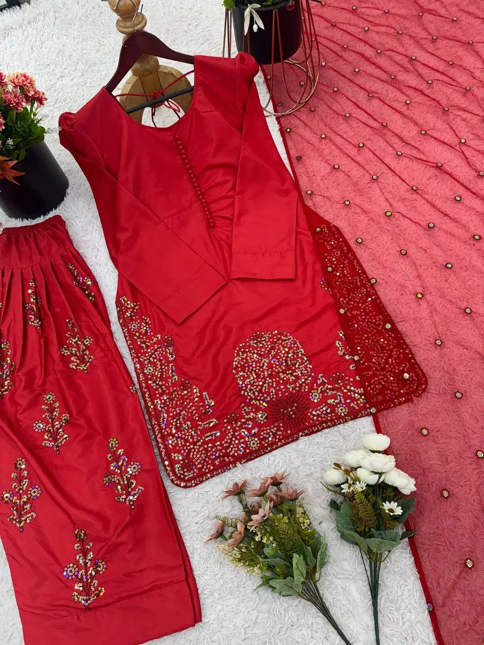 Embroidered Pure Crepe Silk Farshi Suit Set with Dupatta