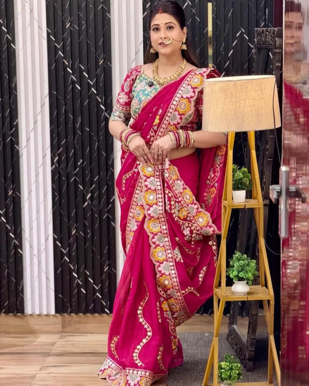 Embroidered Rangoli Silk Saree with Mirror Work Blouse for Wedding and Festive Wear
