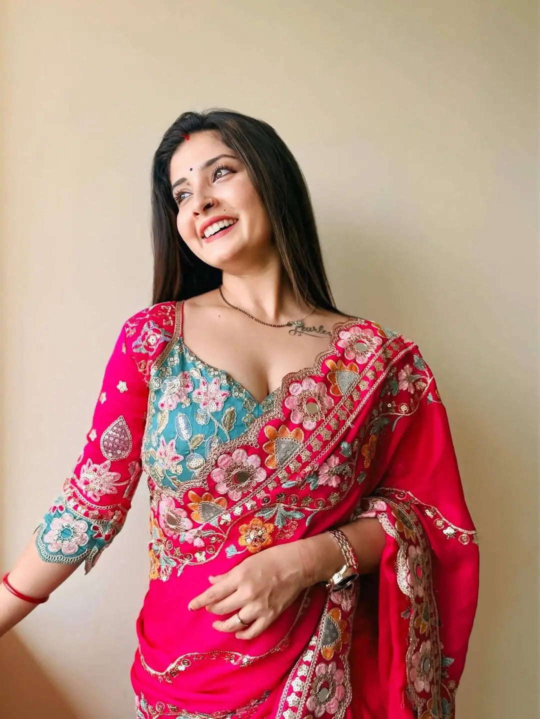 Embroidered Rangoli Silk Saree with Mirror Work Blouse for Wedding and Festive Wear