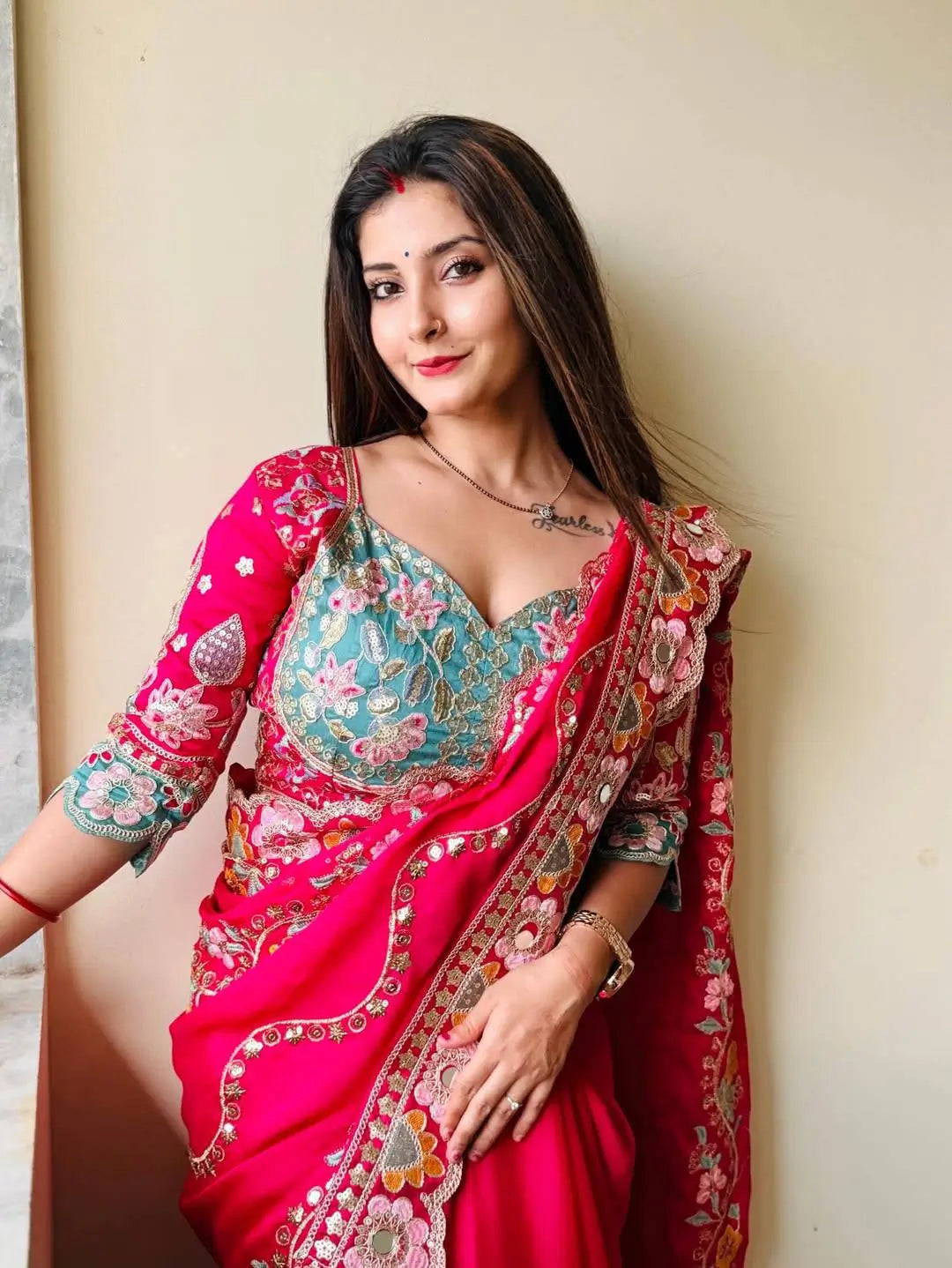 Embroidered Rangoli Silk Saree with Mirror Work Blouse for Wedding and Festive Wear