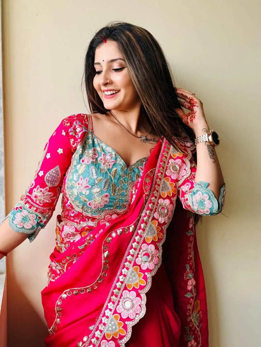 Embroidered Rangoli Silk Saree with Mirror Work Blouse for Wedding and Festive Wear