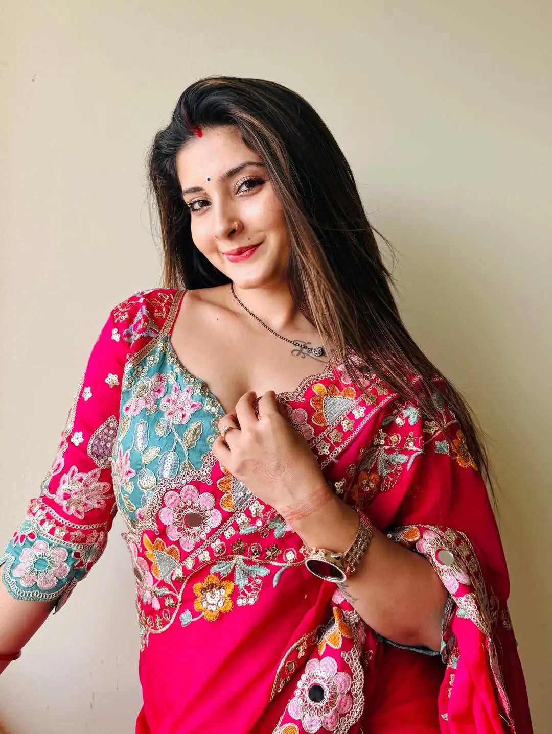 Embroidered Rangoli Silk Saree with Mirror Work Blouse for Wedding and Festive Wear