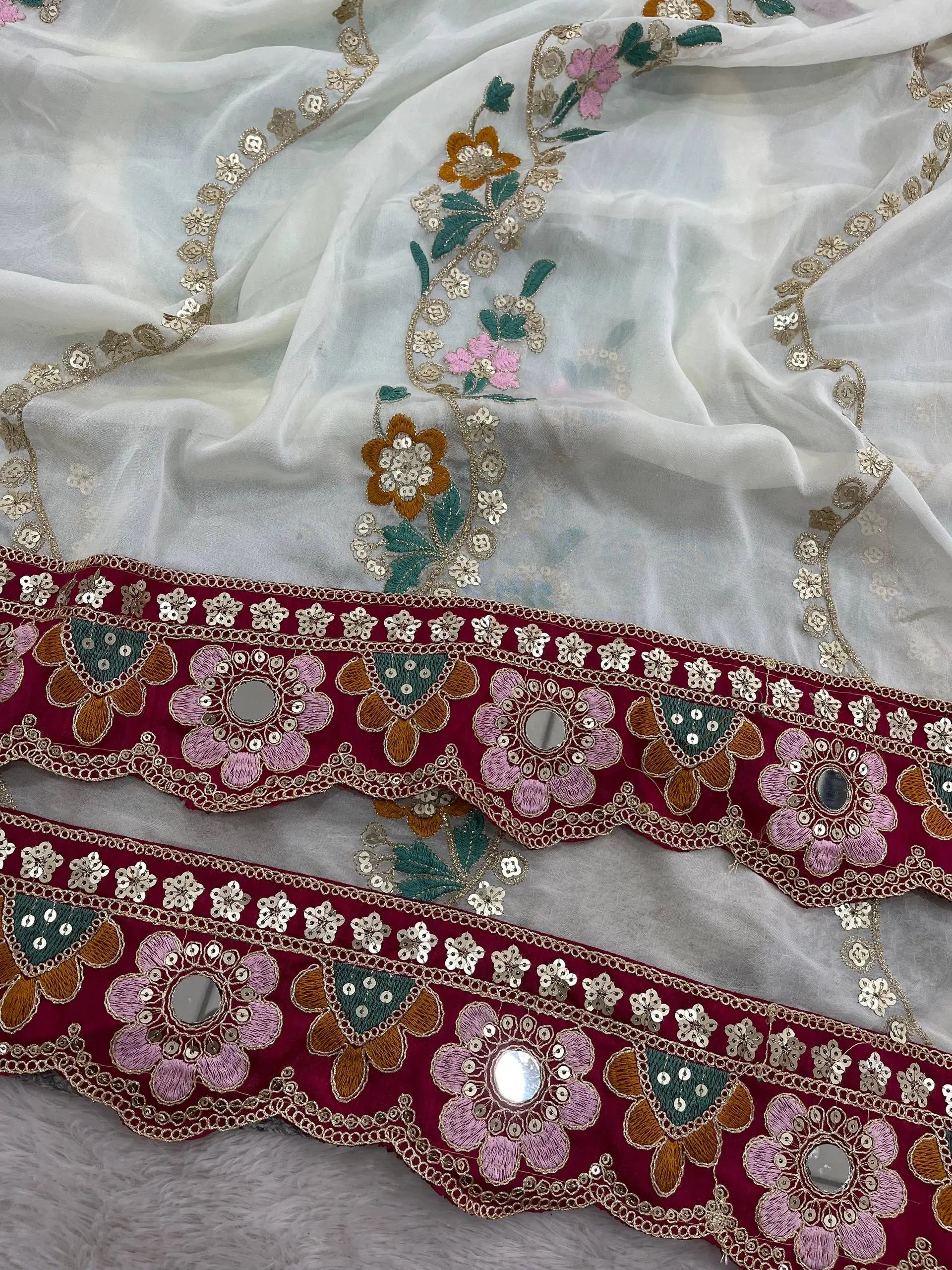 Embroidered Rangoli Silk Saree with Mirror Work Blouse for Wedding and Festive Wear